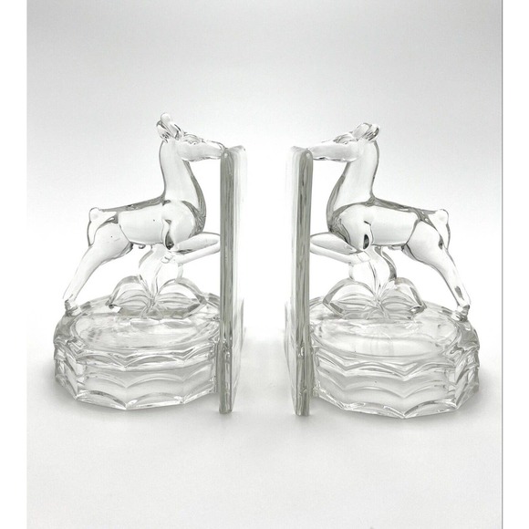 Glass Deer Gazelle Horse Glass Bookend Set 2 Vintage Art Deco 1930’s Rare - Picture 1 of 6